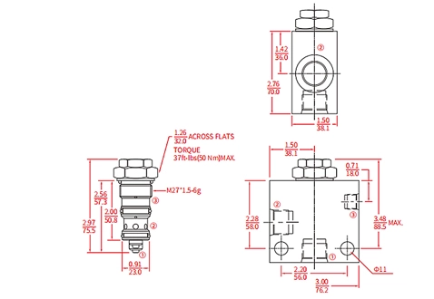 Performance/Dimension/Sectional Drawing of IPC12-30 Check Valve, Pilot-to-Open (Dual-Pilot-Operated)